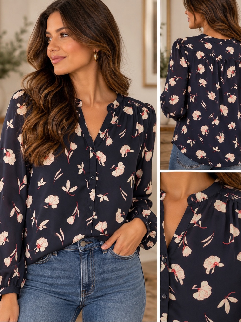 LC Lauren Conrad Navy Floral V-Neck Button-Front Blouse